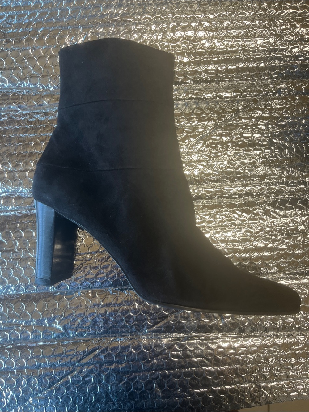 Bandolino Black Suede Ankle Boot with Block Heel piling inside
